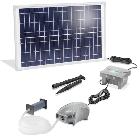 esotec Solar Teichbelüfter Set 25/600, LiFePO4 Akku, 12,8V/DC Sauerstoffpumpe, 600 l/h Luftleistung, Gartenteich Luftpumpe, Teichbelüftung, Solarpanel 25W, Erdspieß 101876