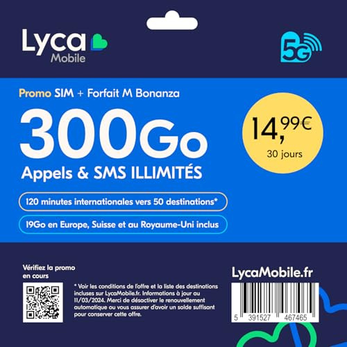 Lycamobile Carte SIM Prépayée France | Forfait M avec 300Go Internet 5G | Appels & SMS Illimités | 19Go en Europe, Suisse & Royaume-Uni | Renouvelable après 30 Jours - sans Engagement
