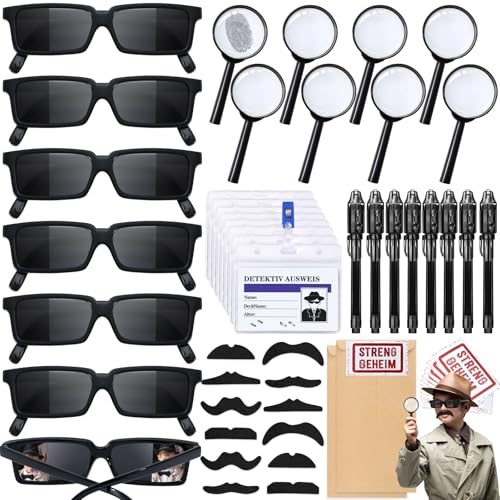 Tacobear 102Stk Detektiv Kindergeburtstag Mitgebsel Set mit UV Stift Lupen Sonnenbrillen Detektivausweis Umschlag Aufkleber Pinata Füllung Kinder Give Aways Gastgeschenke Geburtstag für Junge Mädchen