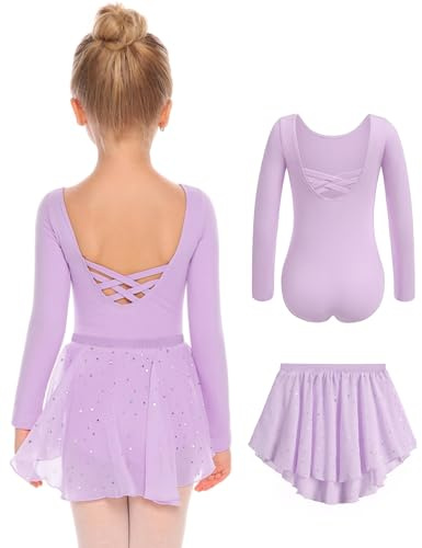Arshiner Robe de Ballet à Manches Longues pour Filles Robe de Ballet Deux pièces Robe de Ballet Dos Nu avec Jupe Tutu en Mousseline de Soie Violet 130 3-4 Ans