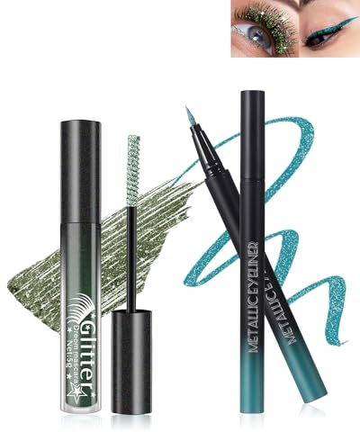 Grün Glitzer Mascara & Eyeliner Set, Diamond Shimmer Wimperntusche Länge and Volume, Liquid Ultrafeiner Metallic Glitter Eyeliner, Wasserfest Langlebig, Hochpigmentiert Augen-Makeup für Cosplay Party