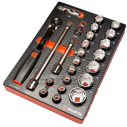 Wuerth 1/2 Zoll Steckschlüssel Satz metrisch 24 Teile in Schaumeinlage 4.4.1 mit Ratsche Knarre Nusskasten für Werkstattwagen 0965905945