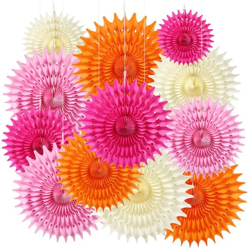 BestoFun - Lot de 12 éventails en papier - Orange - Pompons - Fleurs en papier de soie - Beige - Guirlande de fleurs à suspendre - Rose clair - Décoration de fête pour enfants - Décoration
