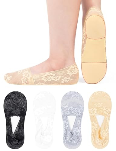 MELLIEX 4 par damstrumpor, osynliga ballerina-strumpor, halkfria, ventilerande spetsfötter med bomullsstoppning, Blommor, one size