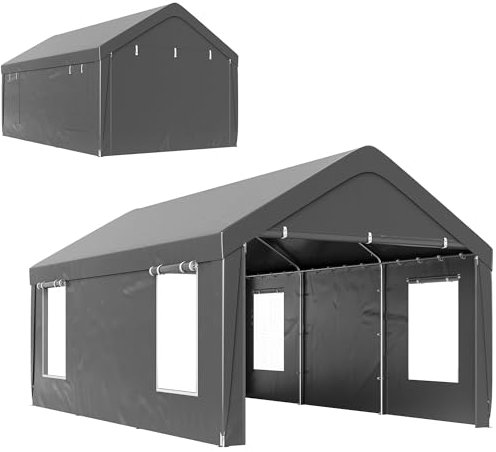 Outsunny Carport - Tienda de garaje (3 x 6 m, cobertizo, para coche, exterior, con paredes laterales, extraíbles, 2 puertas enrollables y 4 ventanas, carport para coche, camión, barco, gris oscuro