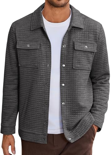 COOFANDY Men Lightweight Shacket Jacket Fashion Button Down Shirt Jackets Waffle Collared Jackets Medium Grey L