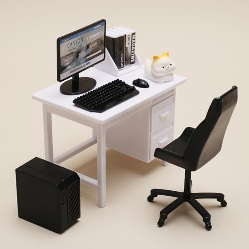 KARLOR Miniature Computer Desk Set, 9-Piece Office Table Set, Mini Keyboard Mouse Bookshelf Books Chair Desk, Mini Furniture Playroom Office Accessories
