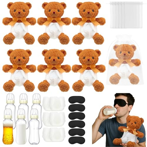 Yearntown 6 Set Bottle Chug Baby Shower Games Tan Brown Bear Blindfolded Diaper Changing Games Kits Bottles Diapers Blindfold Eye Masks Bear Baby Shower Party Guest Gifts