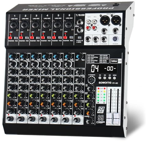 Audio-Mixer 8-Kanal Professionelles Soundmischpult mit 99DSP-Effekten, Kompaktes DJ-Mischpult mit USB, Bluetooth, 48V Phantomspeisung und PAD-Taste für Aufnahme, Karaoke, PA, Schlagzeug und Live-Musik