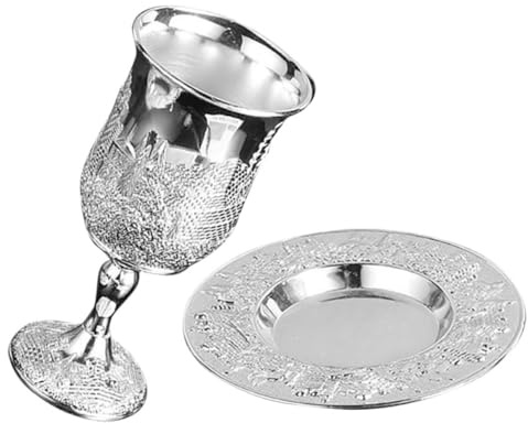 IMUSINICE Juego de Copas de Vino para Shabat y Festividades Judías 1 Set de Copa Sagrada Pascua con Platillo Bañadas en Plata Adecuado para Ceremonias Kidush y Celebraciones Religiosas