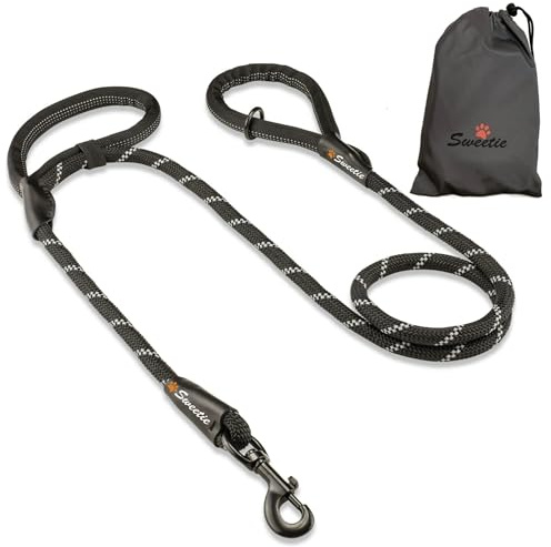 Sweetie Laisse Chien Corde Nylon 1,5 m – Double Poignée Bungee & Réfléchissante – Anti Traction Laisse pour Chien Qui Tire Fort – Petits et Grands Chiens – 10 Couleurs - Noir