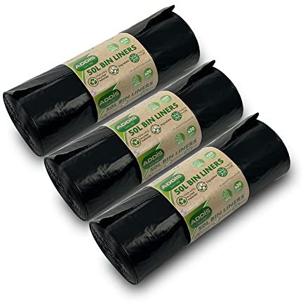 Addis 50 litre Kitchen Waste Trash Degradable Bin Liners Strong, Bulk 3x 20 Roll packs, total 60 liners, New Recycled Black