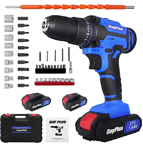 Taladro atornillador de impacto inalámbrico de 21 V con batería de 2 pilas de 1500 mAh, taladro LED luz de trabajo Power Impact Gun 1/2, portabrocas de 45 Nm de par máximo, 2 velocidades y maletín