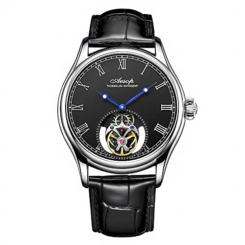 Aesop Tourbillon Herrenuhren Echtes Tourbillon Uhrwerk Mechanischer Handaufzug Armbanduhren Saphirglas Wasserdicht Business Luxus Klassische Uhr 7061(Silber-Schwarz-Leder)
