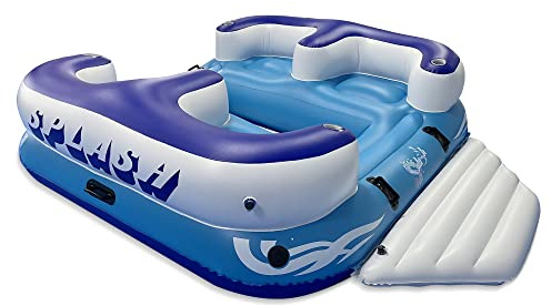 SereneLife Inflatable 4- Person Floating Island Raft, Party Island Raft w/ 4 Drink Holders, Use for Lounging on Lake, Beach River or Pool