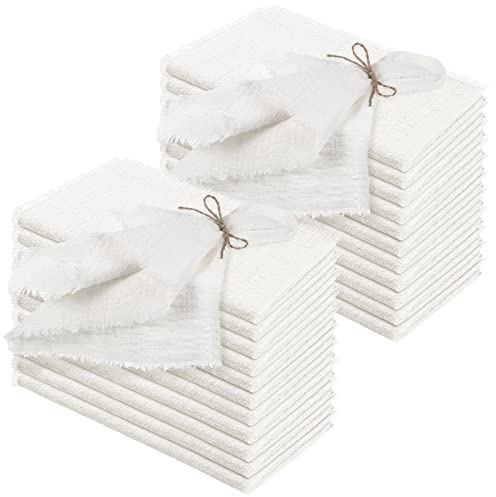 Preboun 24 Pcs Fringe Napkins Bulk Cloth Cotton Soft 17 x 17 Inch Rustic Reusable Washable Festive Square Table Napkins with Fringe for Parties Wedding Restaurant Table Accessory(White)