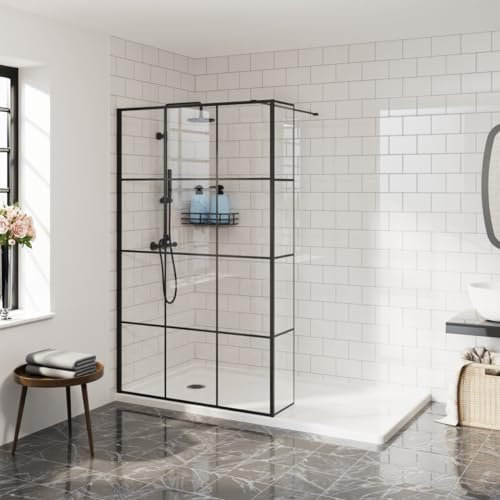 Aquariss 1200mm Walk in Wet Room Shower Enclosure 8mm Clear with Grid Easy Clean Glass Screen Panel with 300mm Return Panel Black Framed