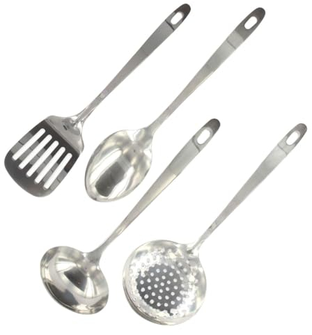 Fackelmann 9908950 Ensemble de 4 ustensiles de cuisine en inox, louche de cuisine, cuillère de service, écumoire, spatule de cuisine, Acier inoxydable, 32,1 x 7,9 x 3 cm, Gris 7