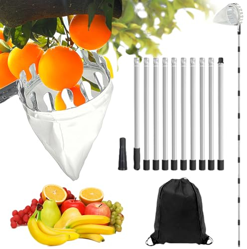Recoge Frutas Telescopico,4M Recogedor de Frutas Con Palanca Ajustable,Recogedor de Manzanas Fácil de Montar con Bolsillos de Tela Resistentes,Frutas Herramientas Recolectoras, Naranjas, Peras