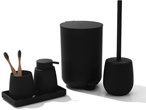 GAHEFY Badset Badezimmer Zubehör Set Schwarz, Badausstattung Sets Deko, 5 Teiliges Bad Set - Seifenspender Zahnbürstenhalter Schminktablett Klobürste und Mülleimer Set für Bad (Schwarz)