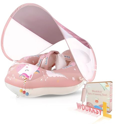 Baby Schwimmring mit abnehmbarem Sonnendach und Anti Umkippen Float Aufblasbarer Schwimmtrainer mit Sicherheitssitz für Kleinkinder ab 6 bis 24 Monate von Woukksy