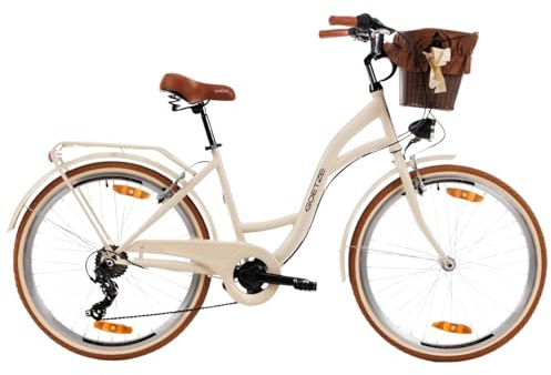 Goetze Mood 26 Zoll Jugendfahrrad, 17 Zoll Tiefeinsteiger Stahlrahmen, 6-Gang Kettenschaltung, doppelte V-Bremsen, LED-Beleuchtung, Rattankorb, Komfortsattel, mit Seitenständer & Klingel