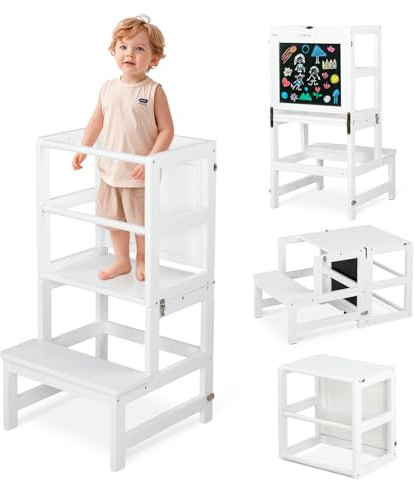 Bonnlo Kids Foldable Kitchen Step Stool with Safety Rail, Chalkboard, 4-in-1 Wooden Children Learning Standing Tower for Kitchen Counter (White)