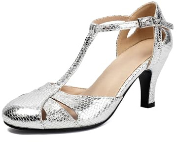 graceretro Scarpe da donna Mary Jane chiusura punta rotonda 1940 vintage anni '50 tacchi retrò anni '20 vittoriana décolleté anni '30 T-strap scarpe, argento, 38 EU
