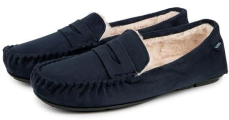 totes® toasties® Mens Suedette Moccasin Slipper with Faux Fur Lining, Classic Moccasin Styling with Memory Foam for Comfort, Warm & Cosy Faux Fur Lining, Machine Washable at 30°, Navy, L