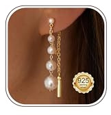 KRFY Gold Dangle Drop Earrings for Women Long Chain Earrings 14K Gold Plated Double Chain Dangle Earring Studs Hypoallergenic Pearl Wedding Gold Dangly Earring Lightweight