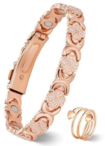 Jeracol Copper Bracelet & Ring for Women, Ultra Strength Magnetic Bracelet with 3800 Gauss Magnets, Four-Leaf Clover & Infinity Heart Symbol & Crystal, Adjustable Tools and Jewelry Gift Box