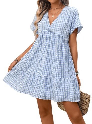 LCDIUDIU Robe Vichy pour Femme, Robe Courte Fluide À Col V Et Manches Retroussées, Coupe Trapèze, Idéale pour L'Été, Les Vacances La Plage Ou Une Soirée. Parfaite pour La Plage Ou Une Sortie