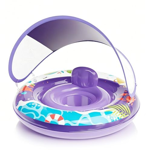 Baby Swimming Float with Canopy UPF 50+ &Safety Seat for 6-36 Months,Purple Inflatable Baby Pool Float Swim Float Water Floats Pool Swimming Float for Toddler Infant Kids Girls 1-3 Years Birthday Gift