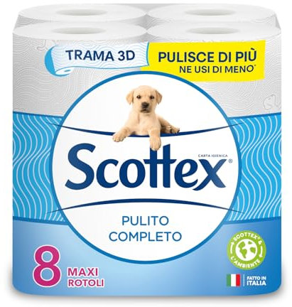 Scottex Pulito Completo Carta Igienica, Morbida e Resistente, Con Carta Certificata FSC, Fatto in Italia, 8 Rotoli