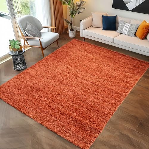Carpettex Shaggy-Teppich, Hochflor, Wohnzimmer, Florhöhe 3 cm, einfarbig, Terrakotta, 100 x 200 cm