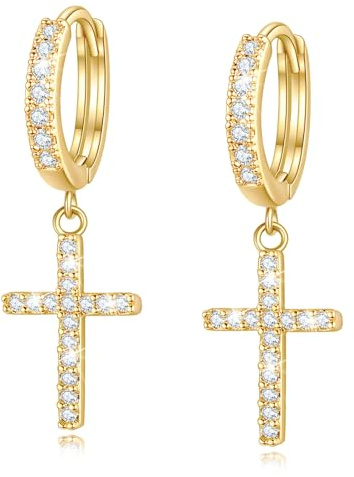 Me&Hz 14K Gold Plated Cross Dangle Earrings for Women Men CZ Diamond Gold Cross Huggie Hoop Earring Dangling Lightweight Christian Earrings for Women Hypoallergenic First Communion Gifts