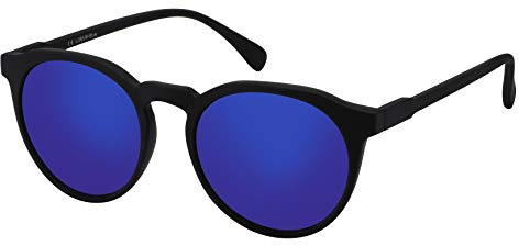 La Optica B.L.M. Occhiali da sole uomo donna UV400 rotondi retrò - colori singoli, confezione doppia, Nero gommato (lenti: blu specchiato), M