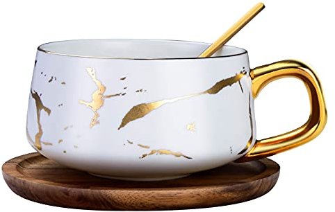 TELANKS Tazas para capuchino de cerámica con platos, 300 ml, elegantes tazas de café de cerámica, mantiene el calor durante mucho tiempo, blanco