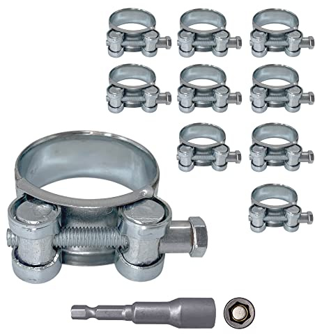 SKIR'CO (Förpackning med 10 st) Förstärkta slangklämmor 44-47 mm, galvaniserat stål, justerbar tub och rörklämma (10 st, med magnetisk hexdrivarbit)
