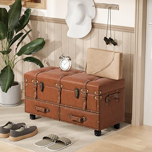 LONYKE Vintage Treasure Chest Bench with Latch Closure and Buckle Trunk , Farmhouse Faux Leather Storage Ottoman Bench for Living Room, Entryway, Bedroom, Sponge Padded Orange