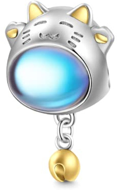 GNOCE Perle Porte-Bonheur Chat Avec Cloche En Argent Sterling 925 Perles Breloques Pour Bracelet à Breloques Bijoux Cadeau Pour Femme Fit Serpent Chaîne Bracelets/Collier (Lucky Cat)