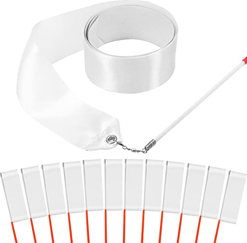 HiUnicorn 12PCS White Dance Ribbons, 4th of July Accessories, Praise Dance Ribbon Dancer Wand for Kids Danza Cristiana Gymnastics Ballerina Birthday Party Favors Decoration