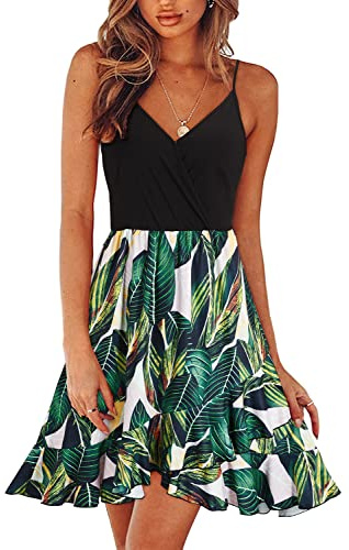 ULTRANICE Womens Summer Dresses Spring Floral Wrap V Neck Adjustable Spaghetti Casual Ruffle Sun Beach Dress(FloralC,S)