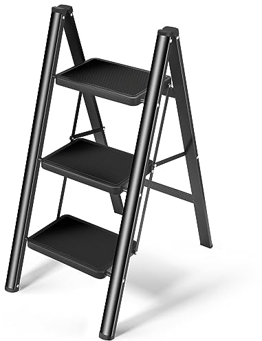 HBTower Escabeau 3 Marches Pliable, Léger et Compact, Marchepied Antidérapant, Cadre en Acier Robuste, Charge Maximale 150 kg, Portable pour Maison et Cuisine