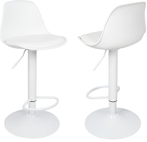 Barhocker mit Rückenlehne und Fußstütze, höhenverstellbar und um 360° drehbar, Barstühle für die Küche, aus Kunststoff, robust und sehr leise, 2 Stück, Reinweiß