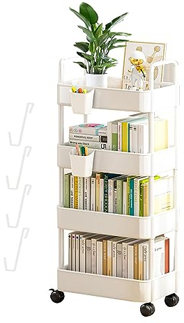 Storaffy Aufbewahrungswagen auf Rollen | 3/4-stöckiger Rollwagen | Bewegliches Bücherregal mit Haken | Multifunktionaler Room Deko Aufbewahrungswagen für Küchen- und Schlafzimmerzubehör, Weiß