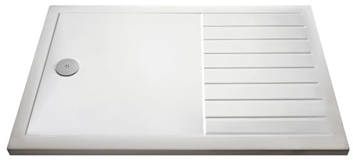 Balterley 1600 x 800 Rectangular Shower Tray with Raised Anti-Slip Lines, Slimline Shower Trays, Durable Stone Resin Base Trays for Bathroom Enclosure, Central Waste Tray for Wetroom Showers (White)