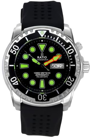 RATIO FreeDiver Helium-Safe Dive Watch Sapphire Crystal Automatic Diver Watch 1000M Water Resistant Diving Watch for Men (Black)