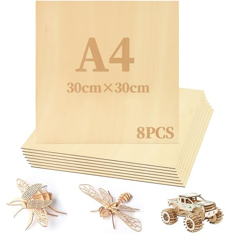 AolKee Lot de 8 feuilles de contreplaqué - 300 x 300 x 3 mm - En bois de basse non fini - Pour artisanat du bois, modèle, artisanat, peinture, gravure, projets laser, stenciling, décoration