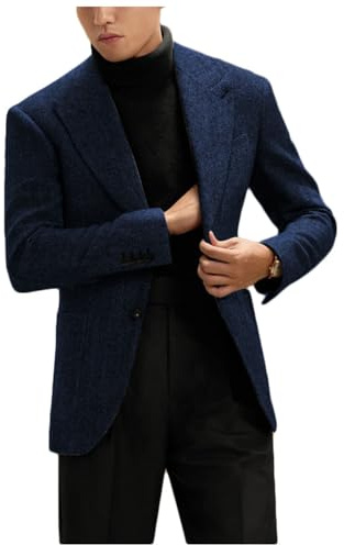 Stillluxury Veste en tweed à chevrons pour hommes avec col pointu à bouton unique décontractée pour affaires et mariage, bleu marine, L
